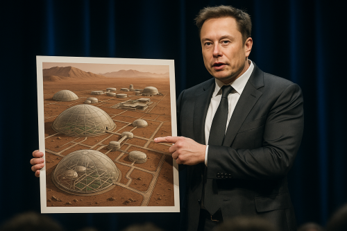 Mars surface with futuristic colony visualization