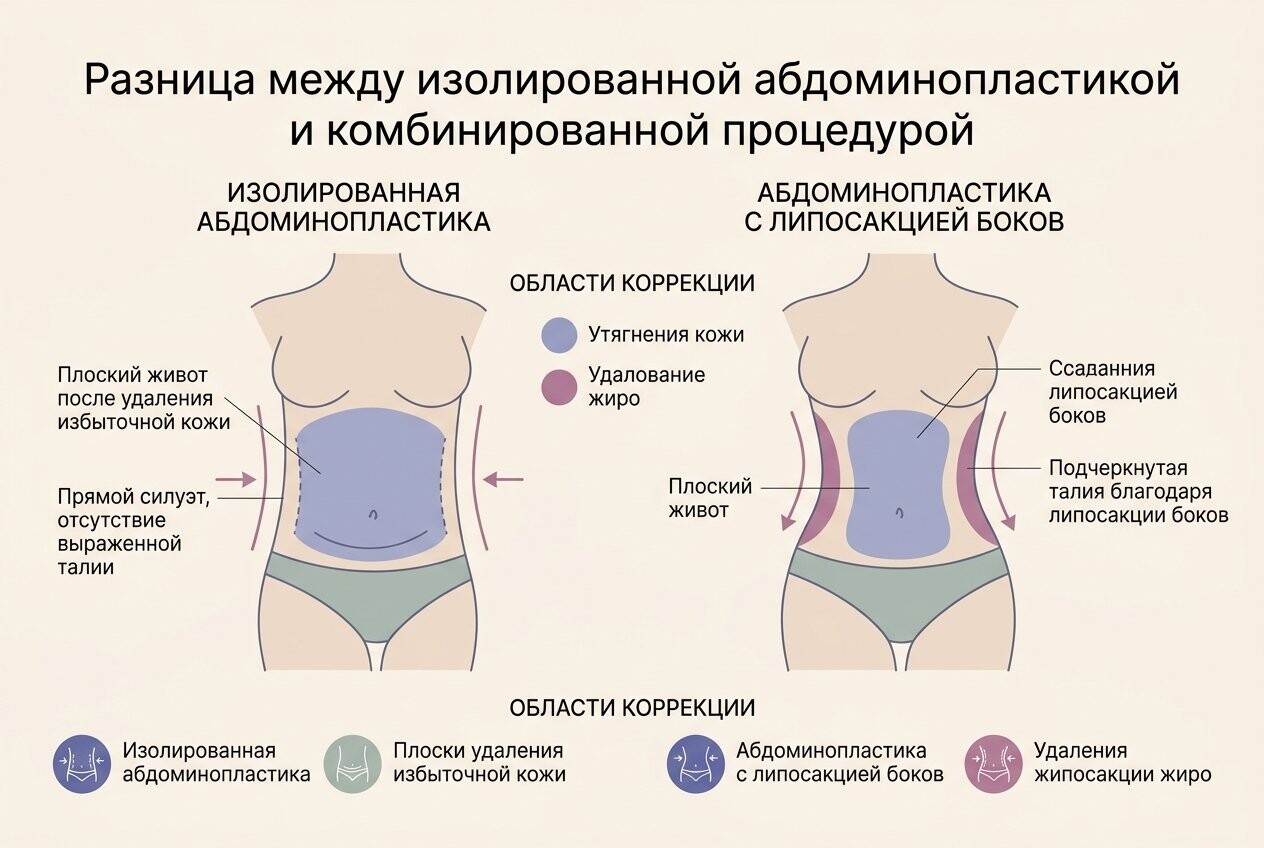 Разница между изолированной абдоминопластикой и комбинированной процедурой
